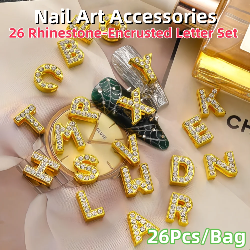 26-Piece Set Diamond-Embedded Alphabet Nail Art Decorations DIY Nail Accessories Alloy Made Full Drill Letters for Manicure Deco