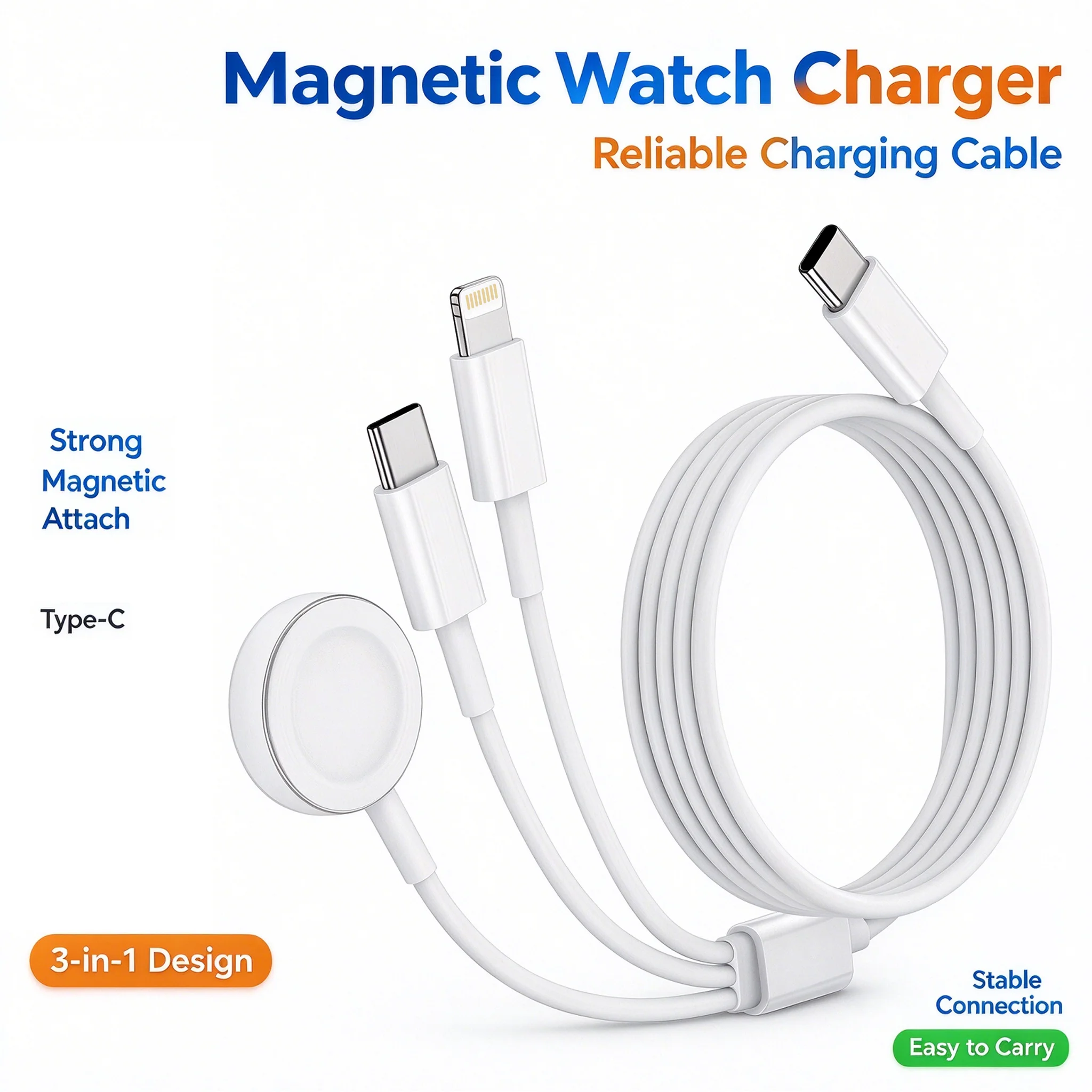 3 in 1 Type-C & Magnetic Wireless Chaeger Pad USB Date Chargers Cable For iPhone Watch 10/9/8/7/6/5/4/3/2 SE/Ultra Fast Charging