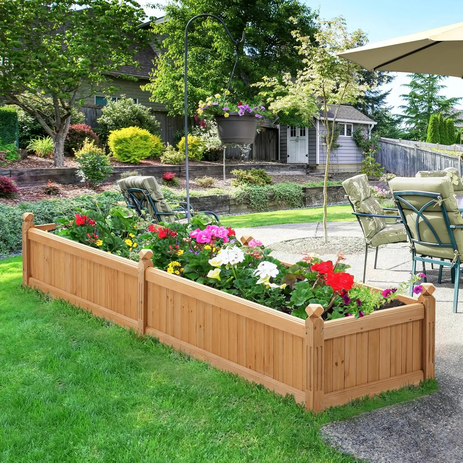 90.5″ L×23.5″ W×16″ H Wooden Raised Garden Bed, Horticulture Wood Rectangular Garden Planter Outdoor, Raised Planter Box for Yard/Greenhouse/Vegetable/Flower/Herbs, Light Brown