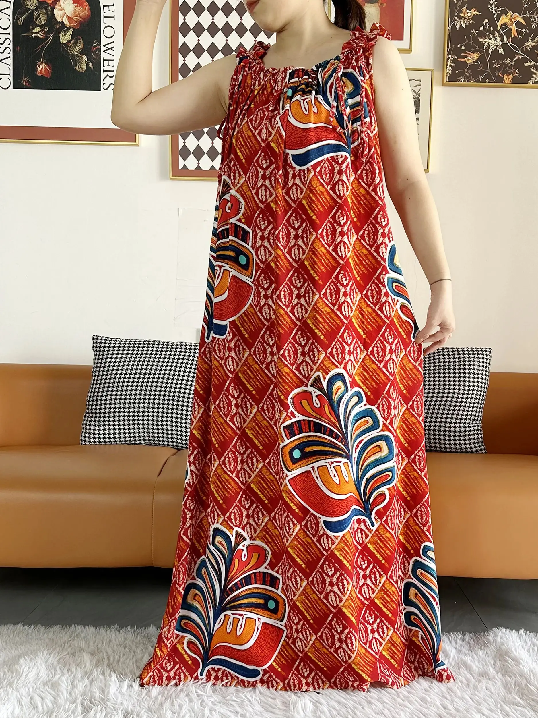 2024 Wome‘s  Summer Sleeveless Dress With Scarfs Under Dress Ptinted Cotton Abaya Dashiki Maxi Lady Robe Loose Kaftan Vestidos