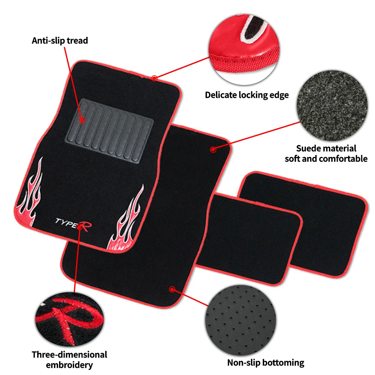 4PCS Car Floor Mats Universal Flame Pattern  Auto Floor Covers Anti-Slip Car Interior Carpet Mat