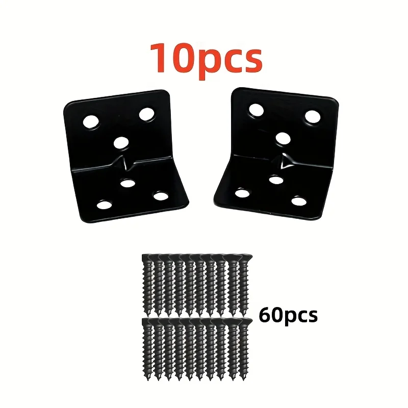 70pcs Black L-Shaped Iron Corner Brackets 6-Hole Right Angle Supports for Furniture Repair Table Chairs Bed Frame