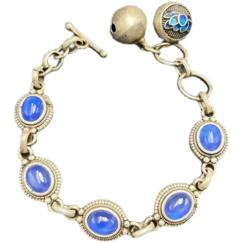 

Nepal old silver jewelry roasted blue inlaid with starlight gemstone jadeite bracelet ethnic style men's and