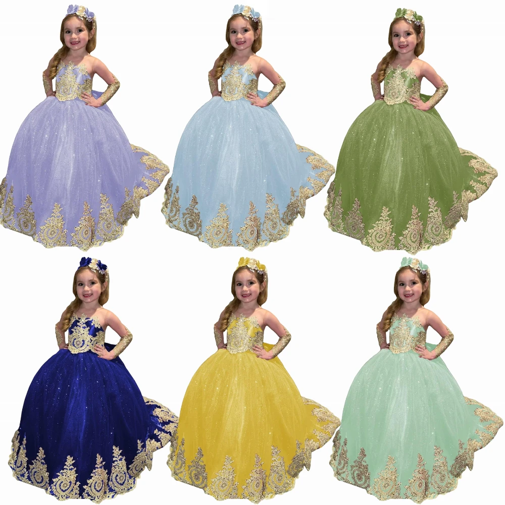 Vestido elegante de flores para niña, princesa hinchada, Apliques de encaje dorado, lazo de tul, vestidos largos de boda para desfile, vestidos de fiesta para quinceañeras