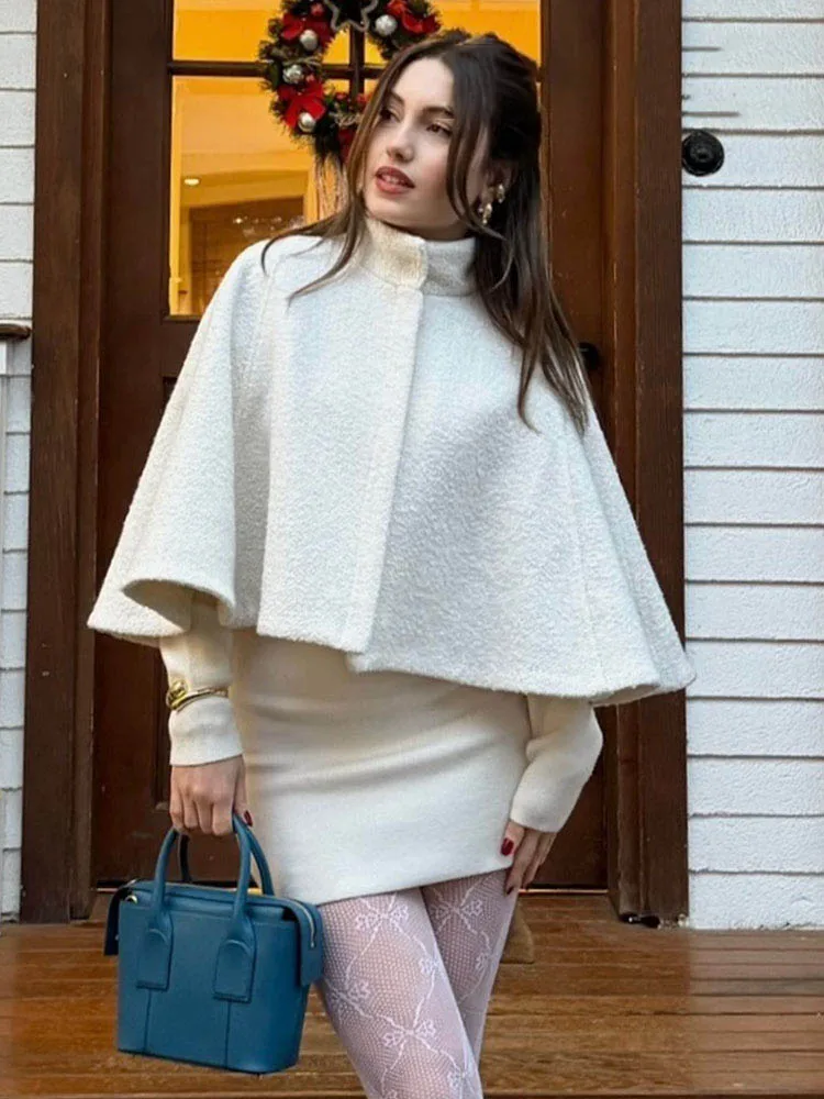 HH Women's 2025 New Solid Wool Blended Stand Collar Concealed Button Cape Jacket Female Fashion Versatile Temperament Jacket