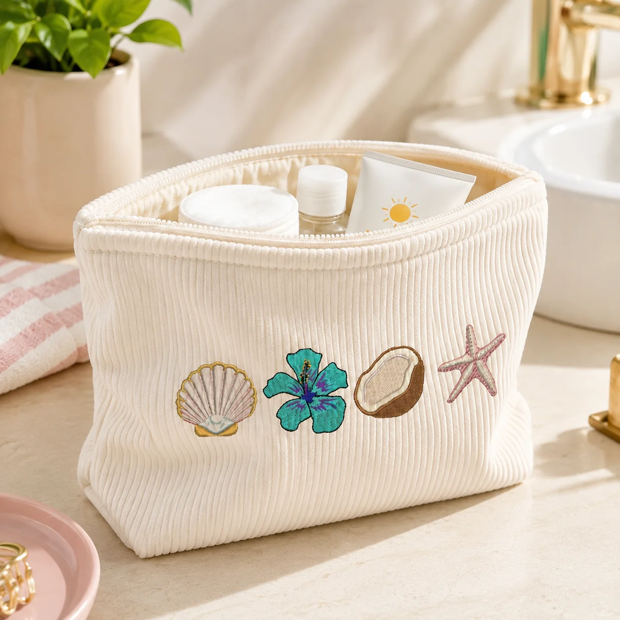 Beach Cosmetic Bag Tropical Printing Corduroy Makeup Pouch Summer Travel Toiletry Organizer Zipper Storage Case for Women