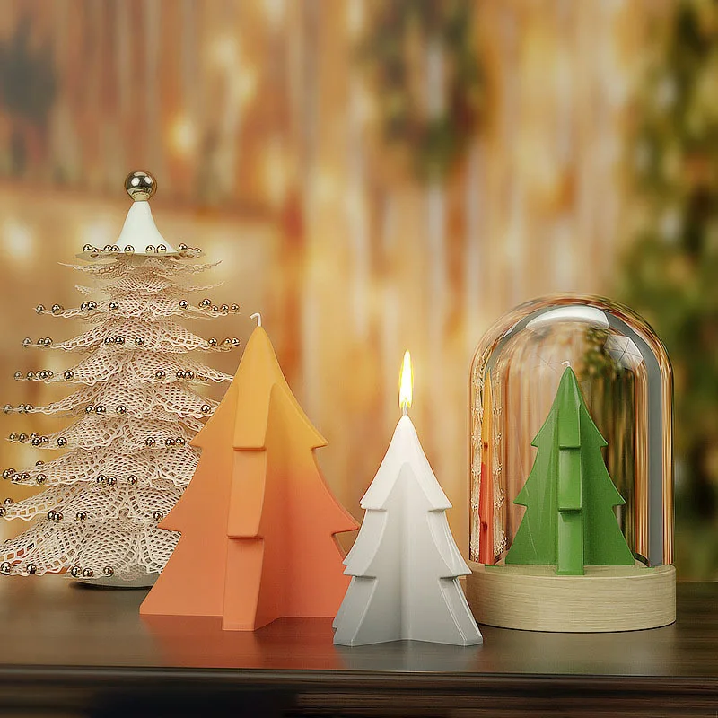 3D Resion Epoxy Four Cornered Christmas Tree Candle Decoration Gypsum Silicone Mold For Night Right Cake Home Decoration Craft