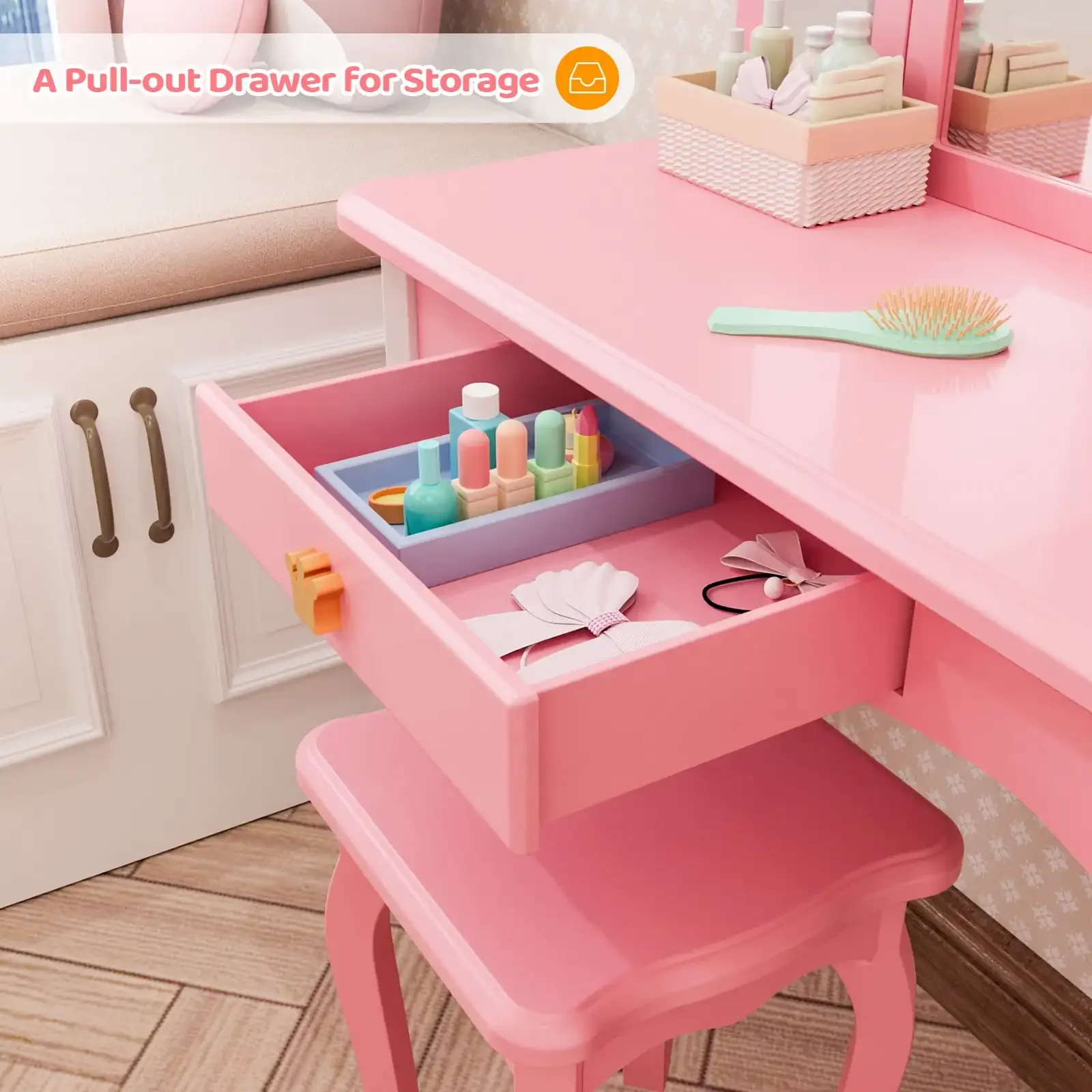 Set Rias Meja Rias dan Bangku Anak dengan Cermin & Laci, Merah Muda