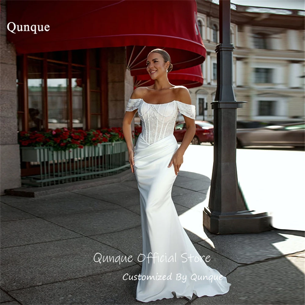

Qunque Shiny Sequined Satin Off Shoulder Wedding Dress Lace Bodice Pleated Bridal Gown Mermaid Vestido De Novia Boda Customized