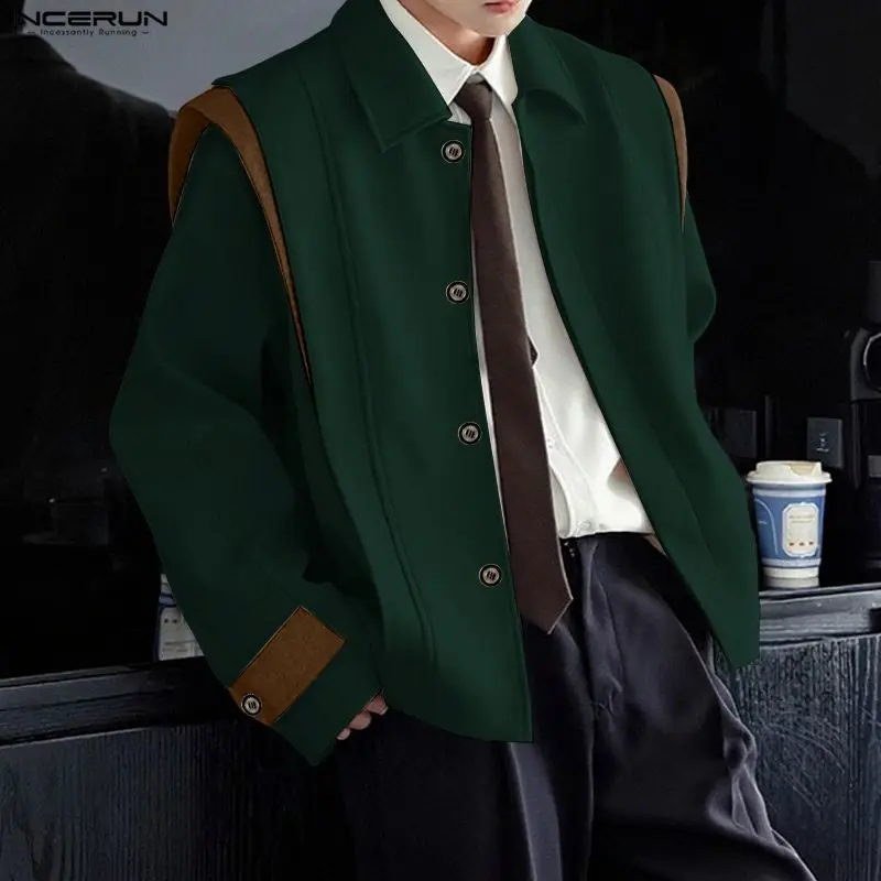 INCERUN سترات رجالية بألوان متعددة مع طية صدر السترة وأكمام طويلة وأزرار معاطف رجالية ملابس خروج فضفاضة على الطراز الكوري ملابس خارجية عصرية