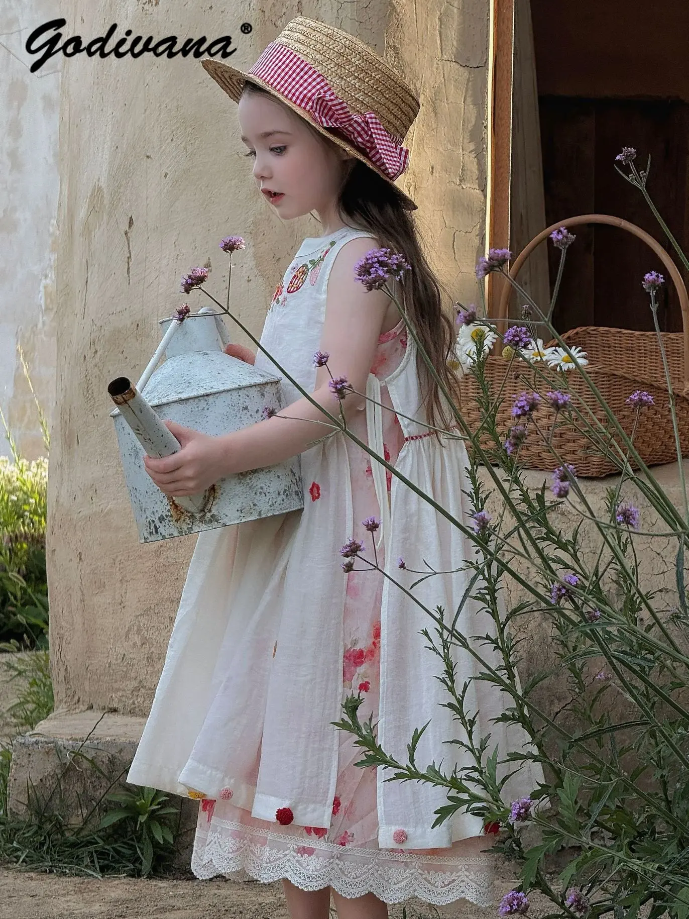 Sweet Baby Girls French Embroidery Pastorale Princess Sundress Summer New Kids Strawberry Print Sleeveless Vacation Maxi Dress