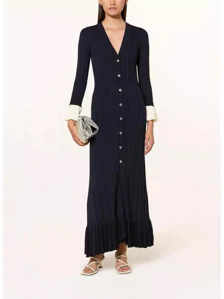 

Элегантное трикотажное платье с длинными рукавами и V-образным вырезом, облегающее, премиум-версия, с цветными блоками и рукавами-колокол, для женщин, Ci Walk