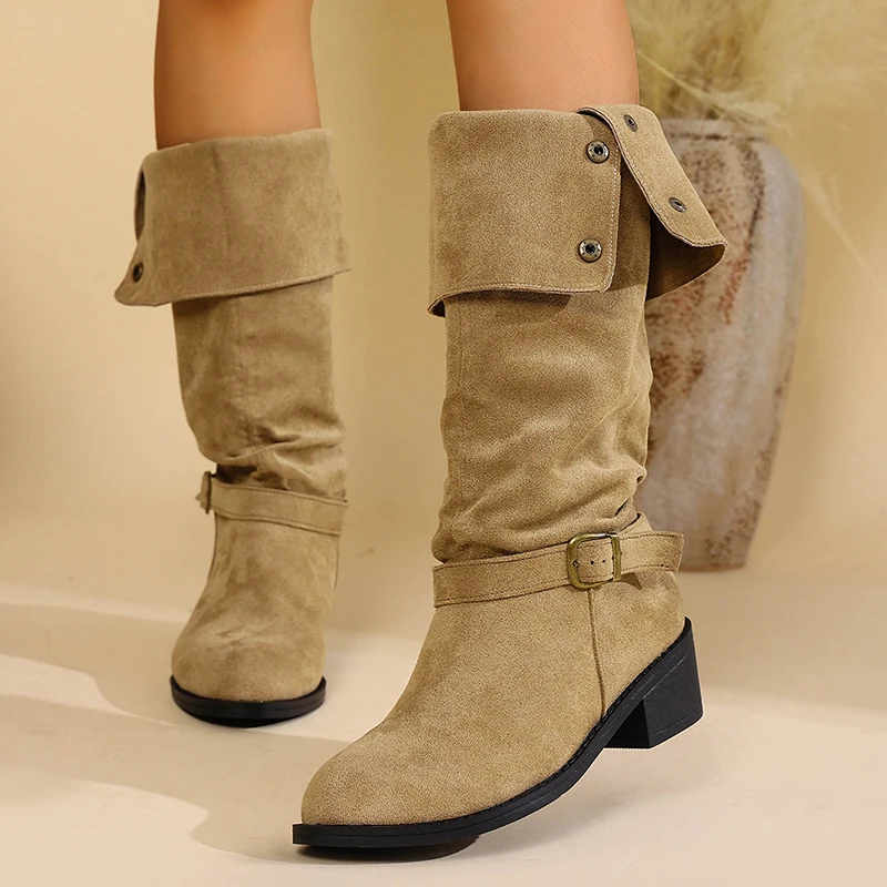 

Women's Solid Color Trendy Knight Boots Buckle Decor Chunky Heel Mid Calf Botas Mujer 2025 Autumn Winter Slip On Slouchy Boots