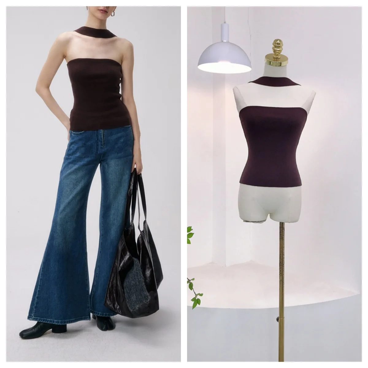 เสื้อกล้ามทรงคอ halter แบบไม่มีสาย รุ่นใหม่สำหรับฤดูร้อน ดีไซน์เรียบหรู ผ้าไหมน้ำแข็ง ช่วยกระชับเอว โชว์หลัง เซ็กซี่