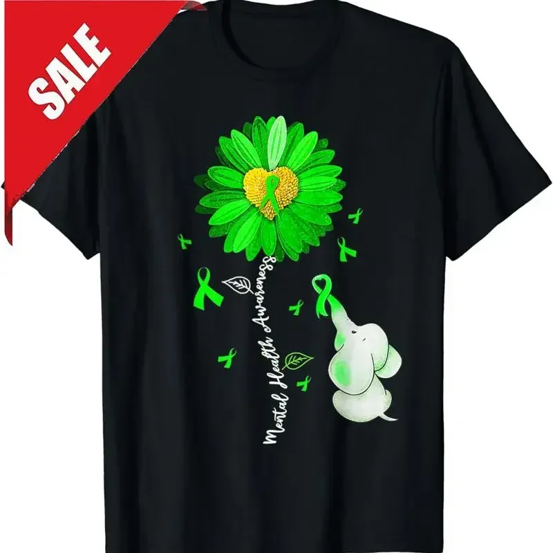 Cute Elephant Mental Health Awareness Sunflower Green Ribbon T Shirt