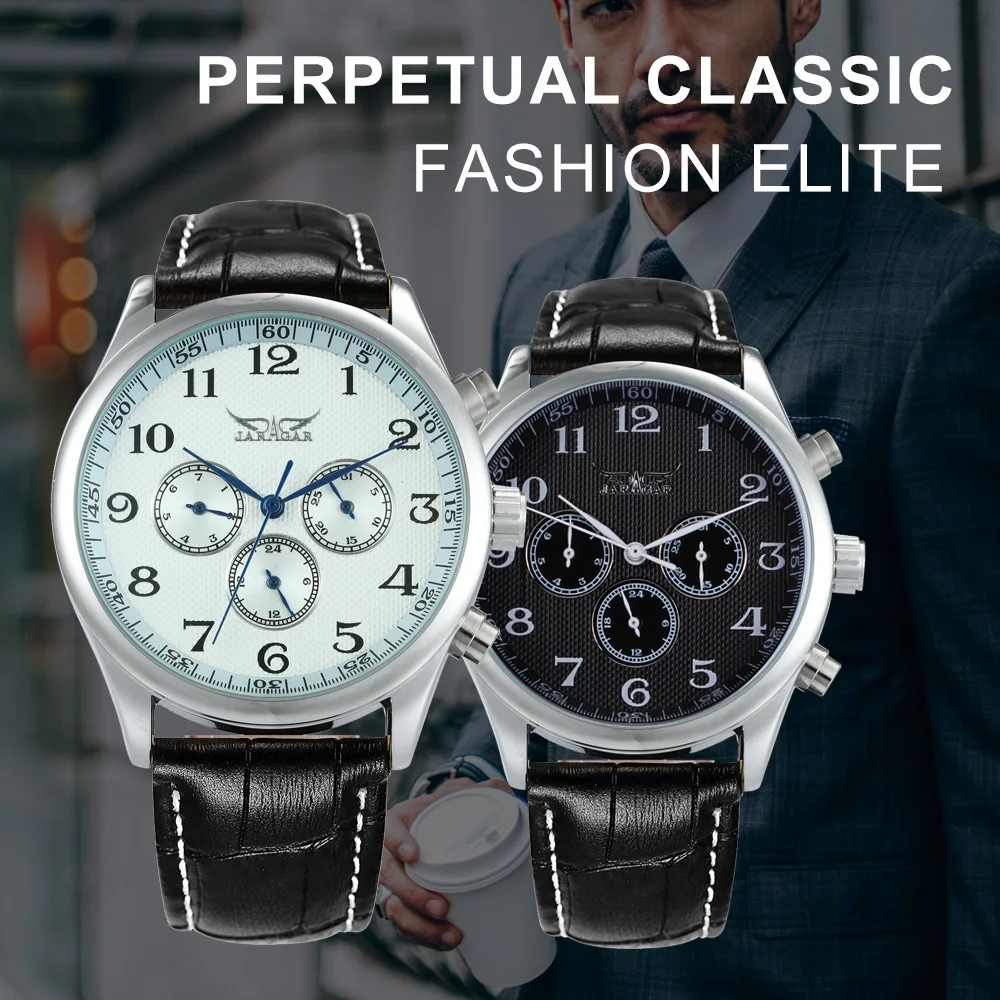 JARAGAR classico quadrante bianco lancette blu Mens orologi da polso meccanici automatici uomo giorno data 24 ore cinturino in vera pelle orologi da