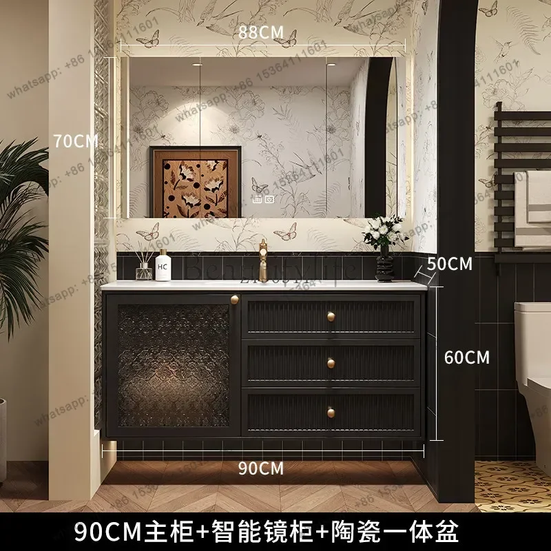 Retro bathroom cabinet integrated ceramic basin rock slab bathroom hand wash washbasin solid wood paint