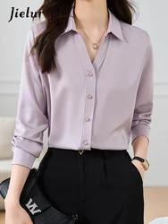 Jielur-Camisa ajustada de manga larga para mujer, blusa informal holgada de gasa, Color liso, Morado, blanco y marrón, novedad de otoño