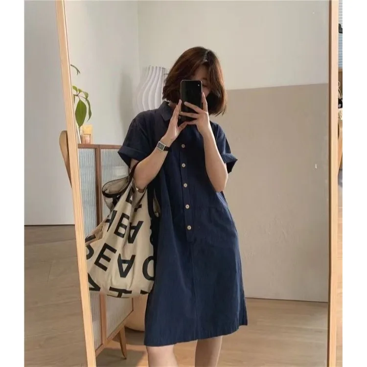 Summer New Women's Dr Retro Collar ort Sve Straight Cut irt Dr Unique Design Sensation Midi Length A-Line Skirt