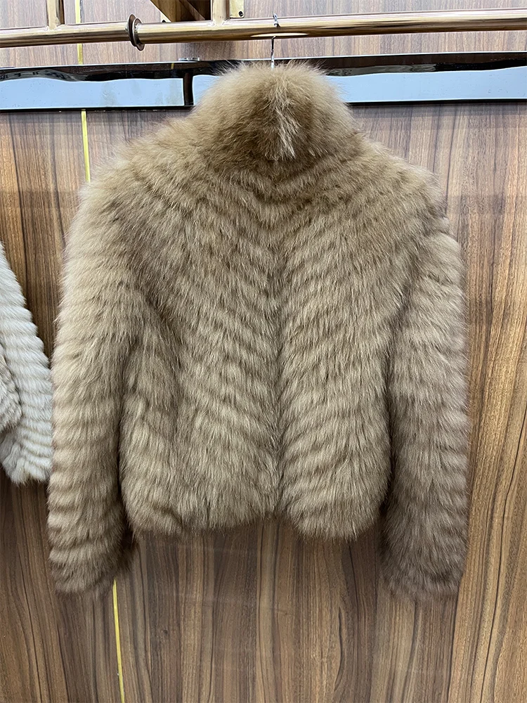 New Fashion Winter Women Real Natural Fox Fur Strip Sewed Toghter Coat Thick Warm Luxury Outerwear Jackets