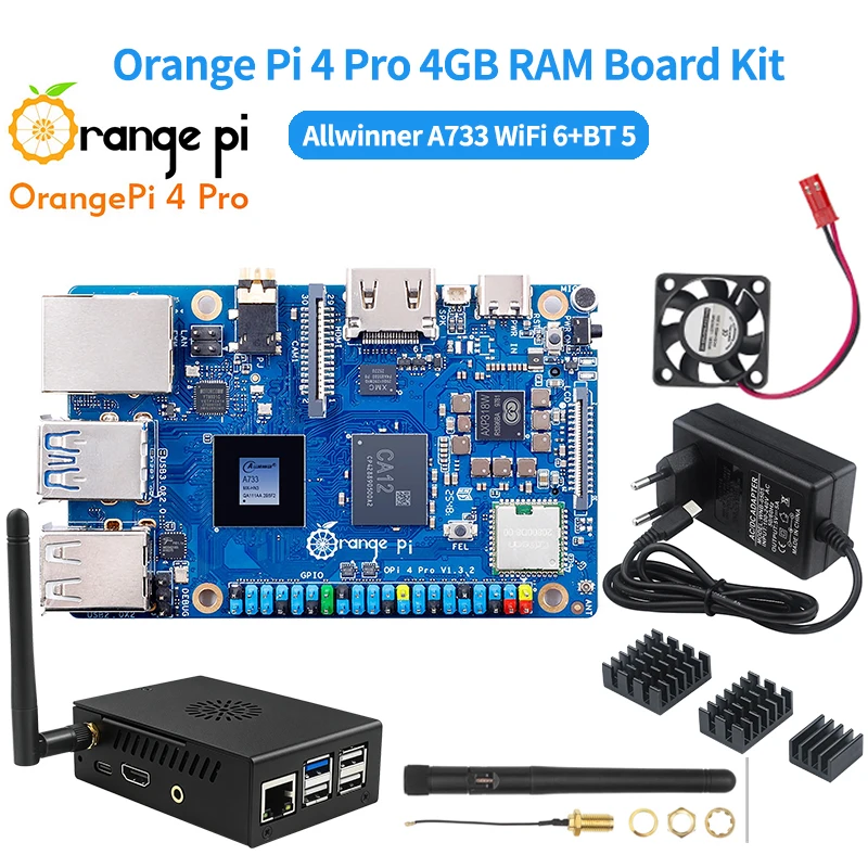 Orange Pi 4 Pro 4GB RAM Board Kit Allwinner A733 DDR5 Computer WiFi 6+BT 5 Dual MIPI-CSI Mini PC For Orange Pi 4 Pro