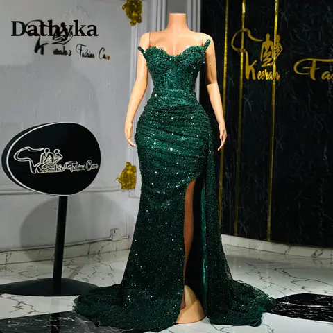 Dathyka cristaux à la mode robes De bal pour les femmes paillettes sirène fente plissée bretelles robe De soirée robes De Gala personnalisé