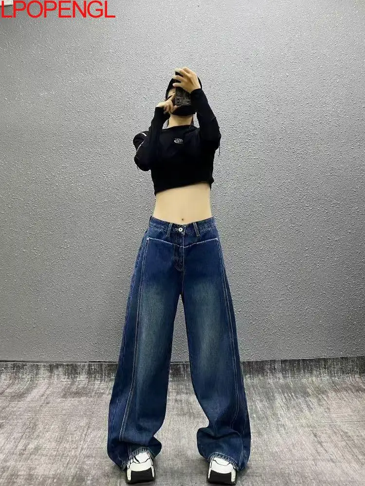 Vintage Personalized Pocket Design Jeans Women's New High Waist Oversized Denim Trousers Straight Wide Leg Floor Mopping Pants