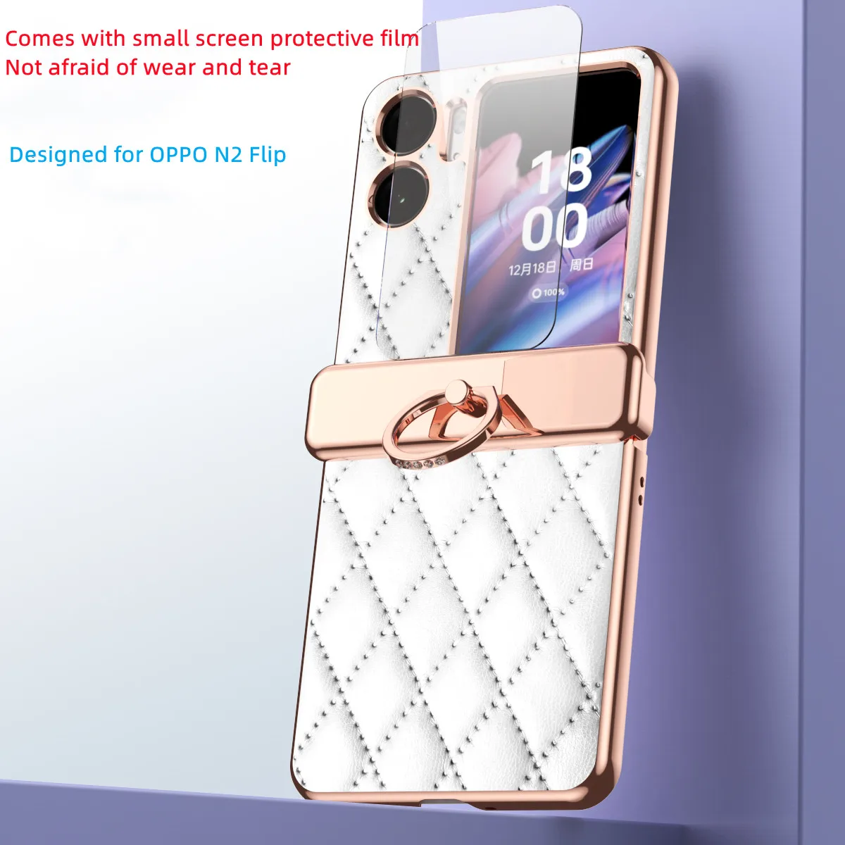 

Plated Bezel Phone Case For OPPO N2 Flip Luxury Ribbed Leather With Ring,Magnetic Hinge Case, Anti-scratch Anti-fall Anti-wear