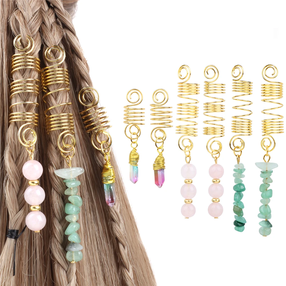 Natural Crystal Hair Accessories For Women Colorful Chip Stone Pendant Ethnic Hairpin Spiral Hair Clips Dirty Braid Headwear