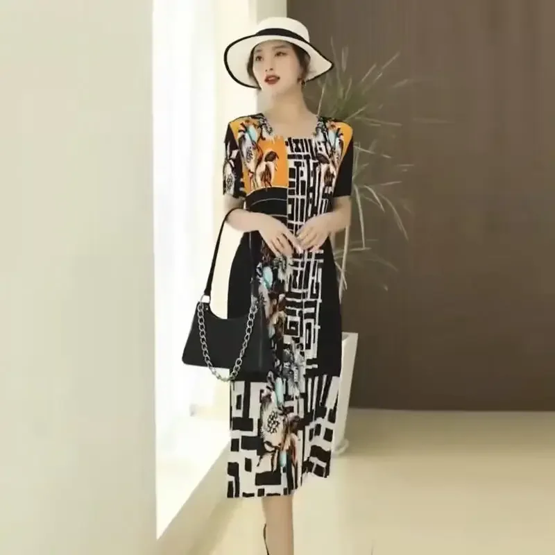

Elegant Wrinkled Print Dress For Women Plus Size Slimming Stretchy Breathable Summer Skirt
