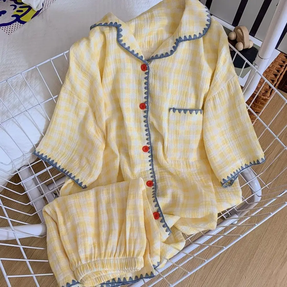 

Fashion Sweet Plaid Pajamas Set Summer Thin Loose Short Sleeve Pajamas Lattice Home Wear 2 Piece Nightwear Indoor Outdoor
