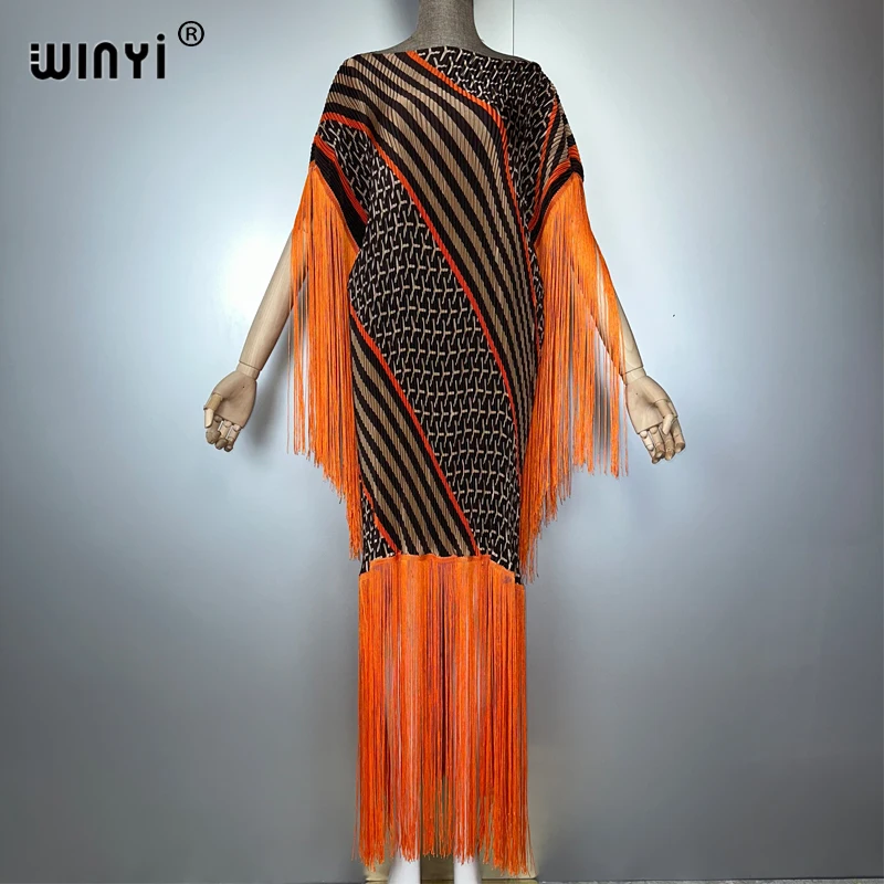 WINYI Summer Pleated Fringed maxi dress Women crumple kaftan Loose boho robe holiday Elegant evening dress abaya dubai luxury