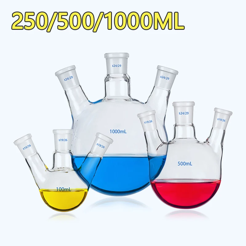 

Glass three-necked flask, round bottom spherical distillation bottle, inclined mouth three-ear reactor 250/500/1000ml