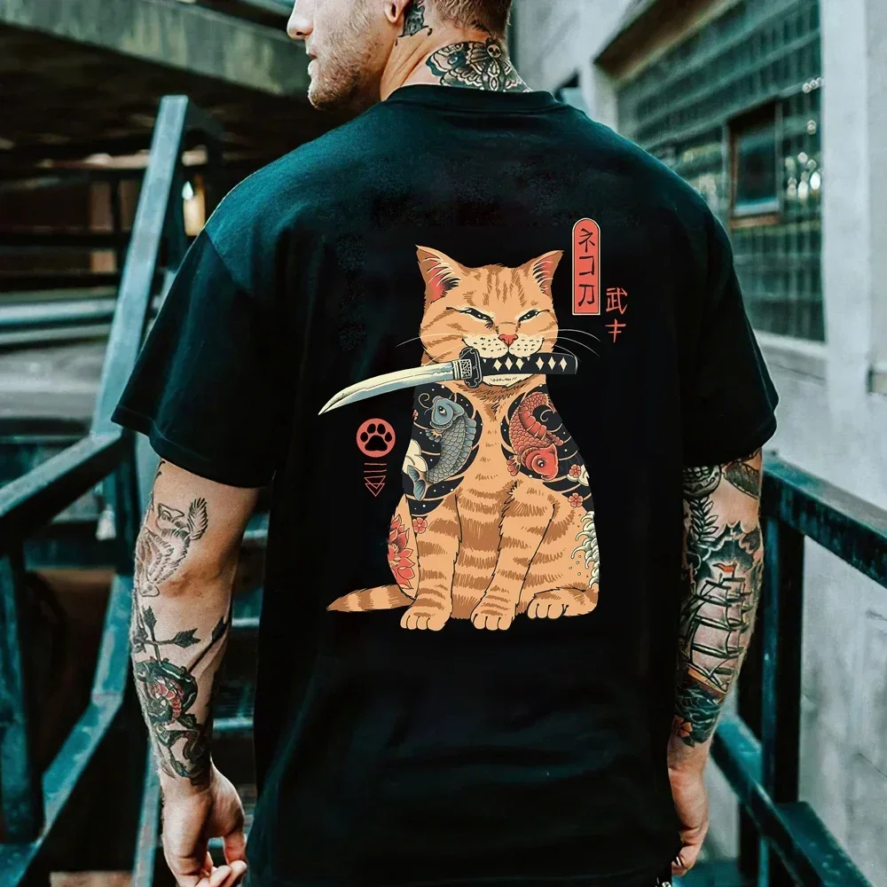 

Cartoon Anime Samurai Cat Printed T Shirt For Men Outdoor Hip Hop Harajuku Vintage Clothes Casual O-neck Loose Short Sleeve Tees