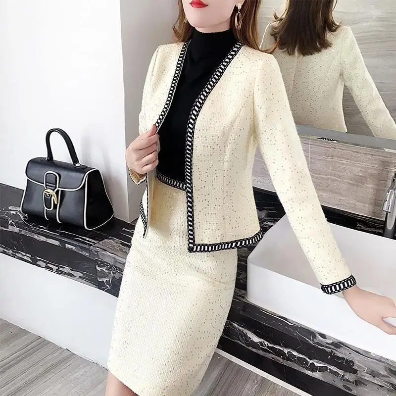 

Lnsozkdg Spring Autumn New Graceful Clothing 2 Piece Set Korean Office Lady Elegant Sequins Patchwork Suit Jacket Skirts Outfits