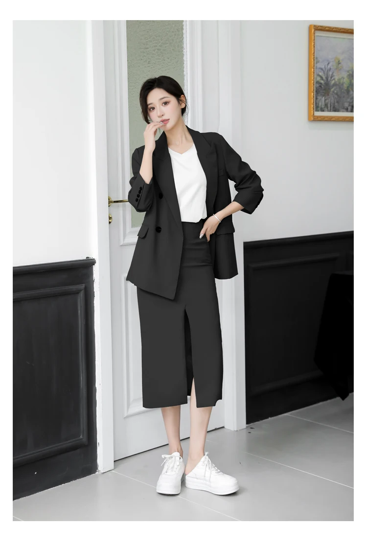 Spring and Autumn Solid Color Skirt Suit Female Long-sleeved Double-breasted Blazer & High Waist Open Pencil Skirt Female Suit