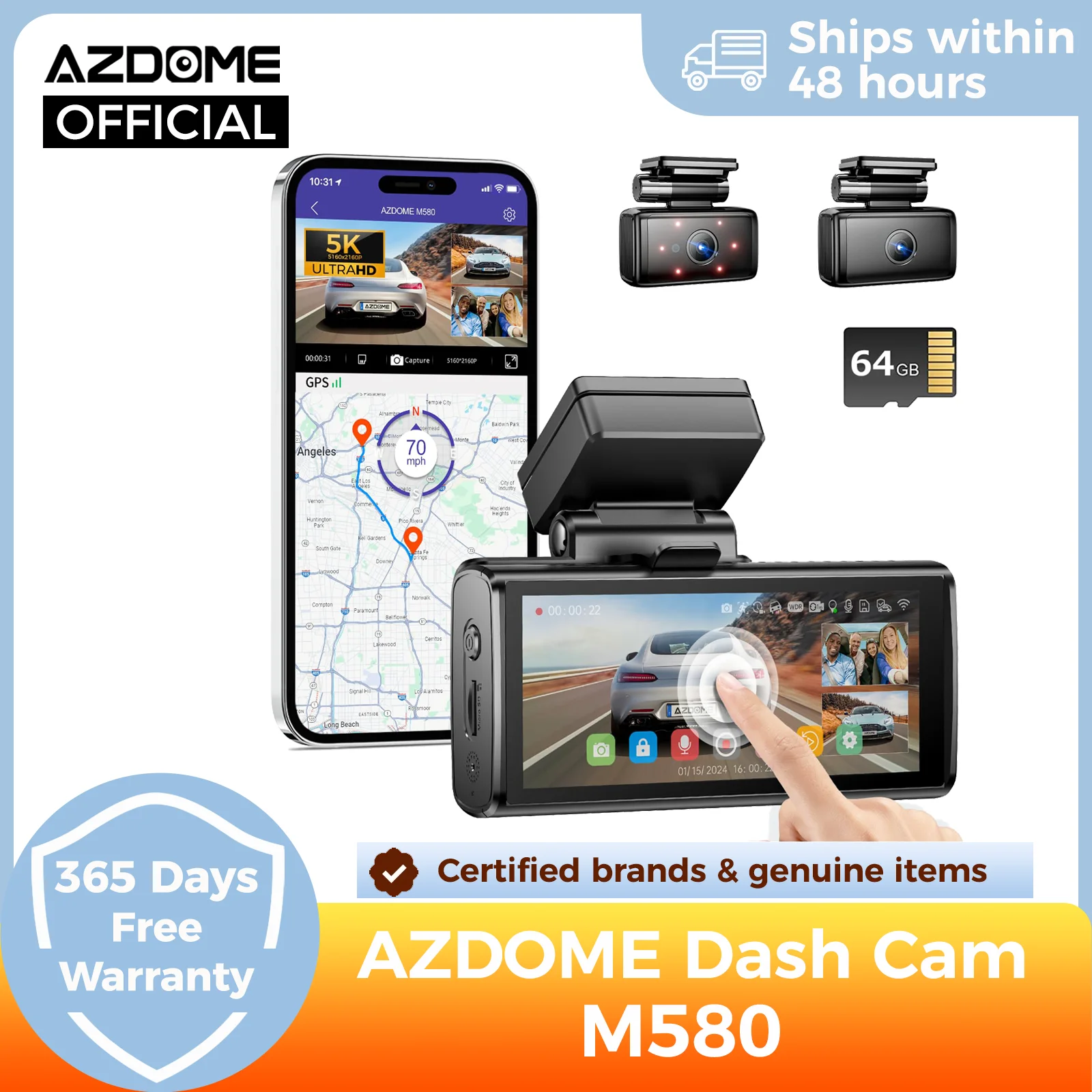 AZDOME M580 Dashcam 5k Vorne Hinten Auto Kamera Integrierte 5GHz WiFi GPS 4" Touchscreen 24H