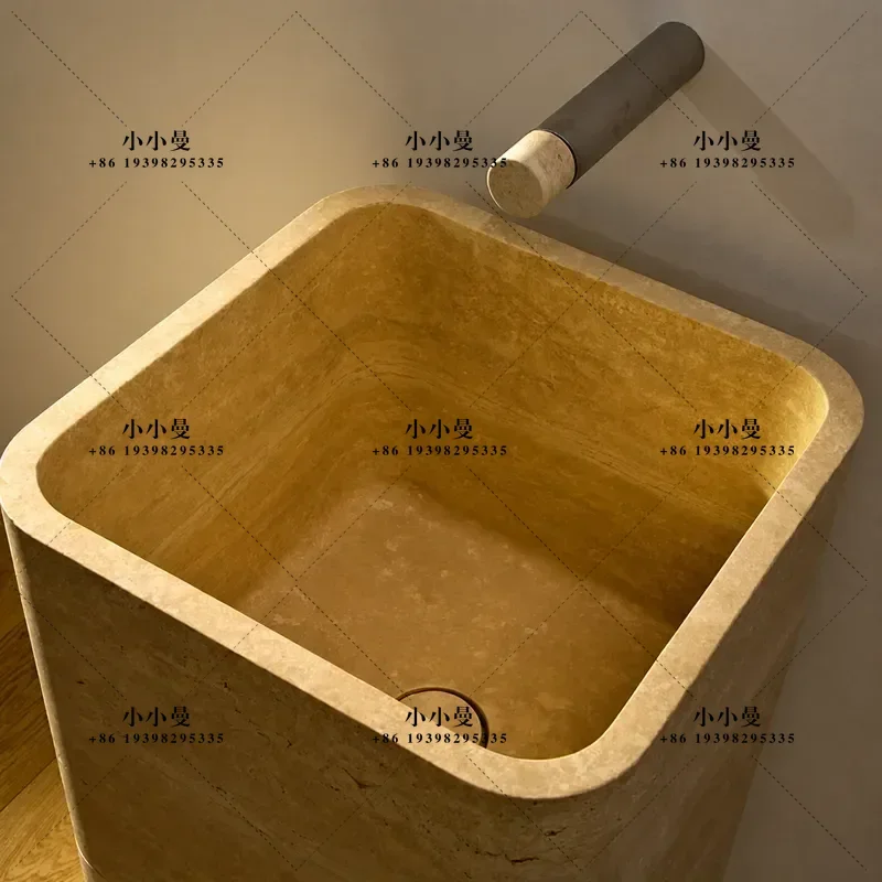 Natural Beige Travertine Column Sink Japanese Wabi Sabi Style Floor Basin Customized Washstand for Bathroom