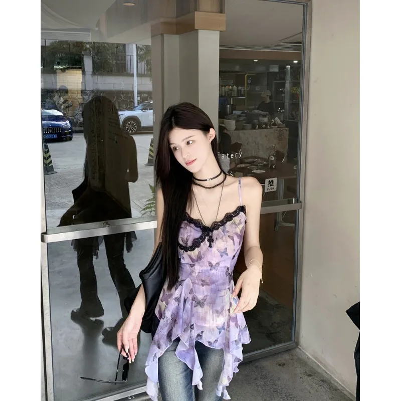 ฤดูร้อนผีเสื้อพิมพ์ Ruffle Hem ชุดผู้หญิงไม่สม่ําเสมอ SLIM FIT Cami Dress อินเทรนด์แขนกุดออกแบบ Elegant รายละเอียด