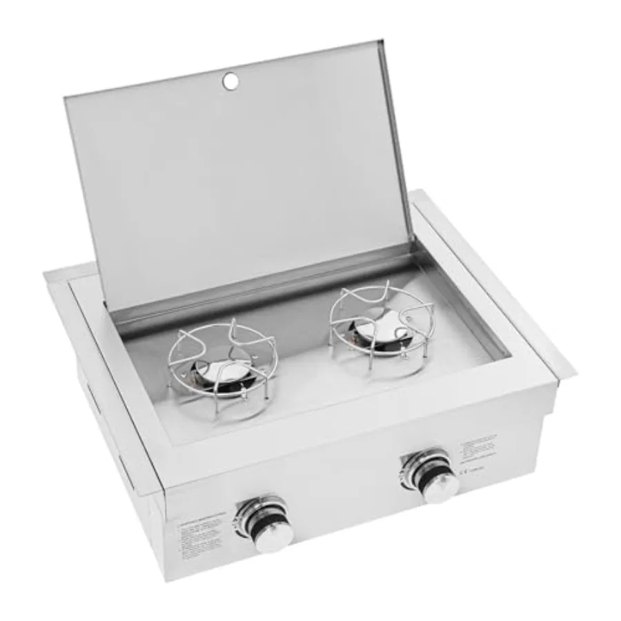 

2-Burner Outdoor Kitchen Stove Stainless Steel Built-in Side Burner with Lid and Removable Grates for Propane Cooking Black