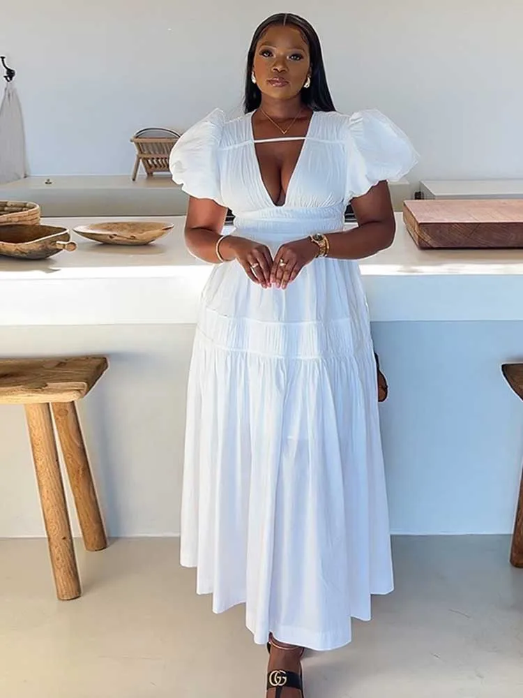 Women White Summer Dress High Waist Fitting  Dresses with Puff Sleeves Chic Pleated Slim Long Dress New Wholesale Dropshipping