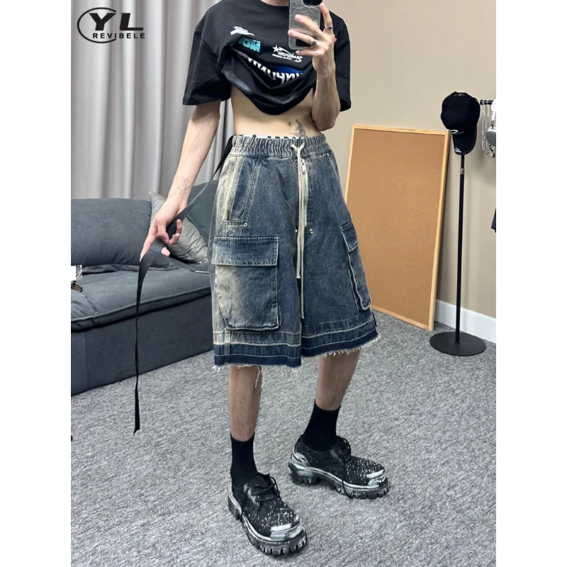 High Street Multi Pocket Denim Shorts Men Hip Hop Heavy Industry Washed Gradient Cargo Jean Pants Loose Casual Straight Trousers