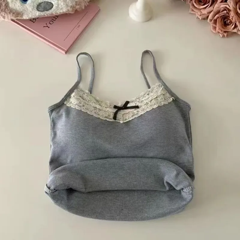 Camisola sin mangas para mujer, Top Sexy con lazo, corsé sin mangas con almohadilla en el pecho, Tops cortos de retazos de encaje dulce, camisola