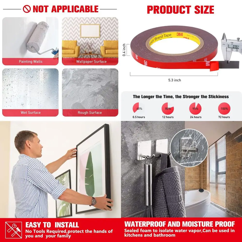 

Double Sided Tape Heavy Duty, Waterproof Mounting Foam Tape, 33ft Length, 0.4in Width, Strong Adhesive Tape for LED Strip Lights