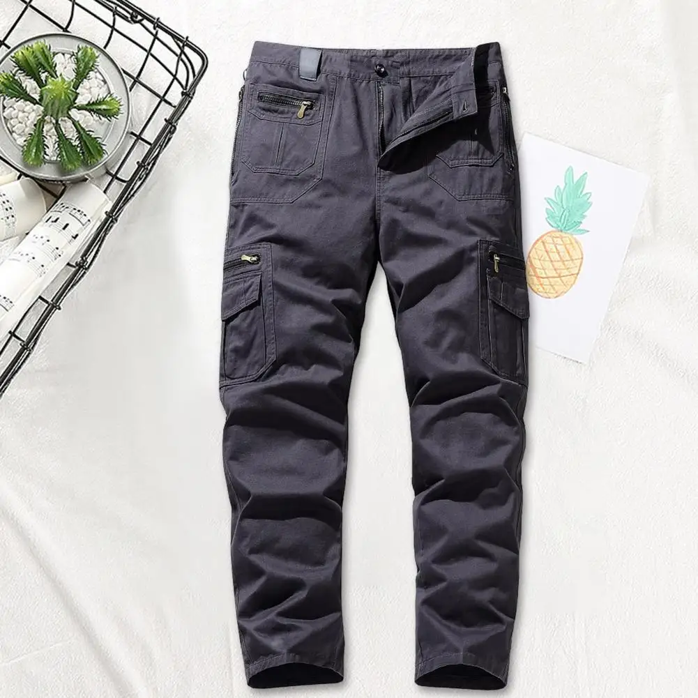 

Long Trousers Versatile Men's Streetwear Trousers Multi-pocketed Loose-fit Soft Cotton Material for Fall Winter Fashion Zipper