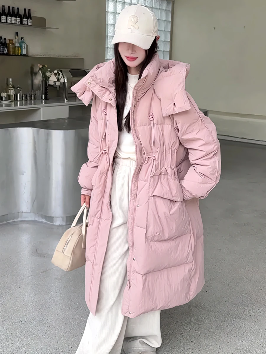 Thiened 겨울 화이트 다운 푸퍼 재킷 여성용 롱 코트 후드 브레드 스타일 패셔너블 출퇴근용 겨울 2024