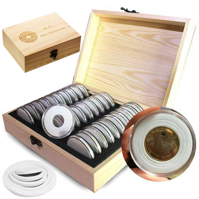 30pcs 20/25/30/35/40mm Coin Storage Box Wooden Commemorative Coin Collection Protector Storage Box Case