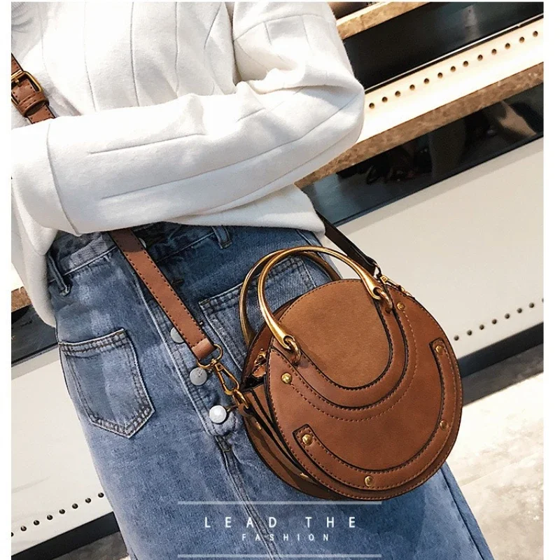 

2025 New Fashion Korean Style Rivet Small Round Bag for Women - Handheld Shoulder Crossbody Versatile Purse