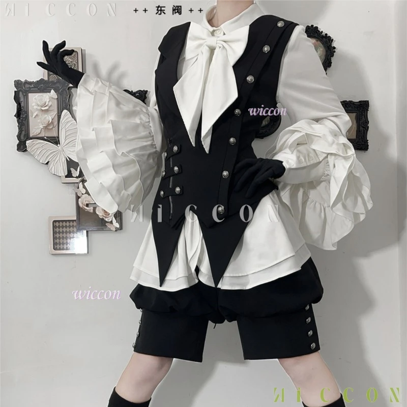 Femboy Outfits Ouji Lolita Prince 3PCS Outfit Jirai Kei Waistcoat Blouse Shorts Vintage Suit Lolita Cosplay Halloween Original