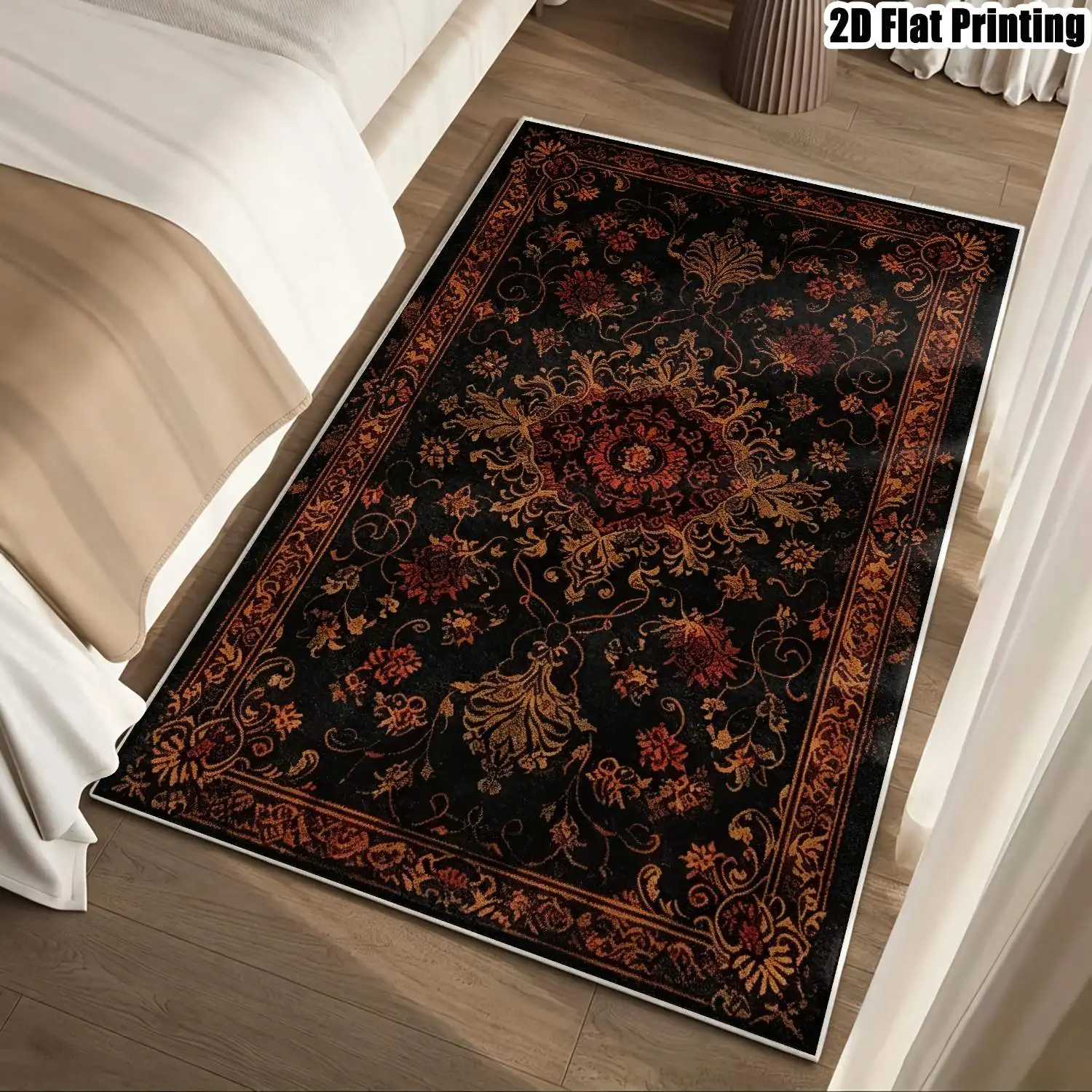 1Pc 2D Printed Velvet Floral Carpet, Black Gold Red European Retro Geometric, Machine Washable, Multi-Size for Home Decor, Entrance/Dining/Bedroom/Living Room